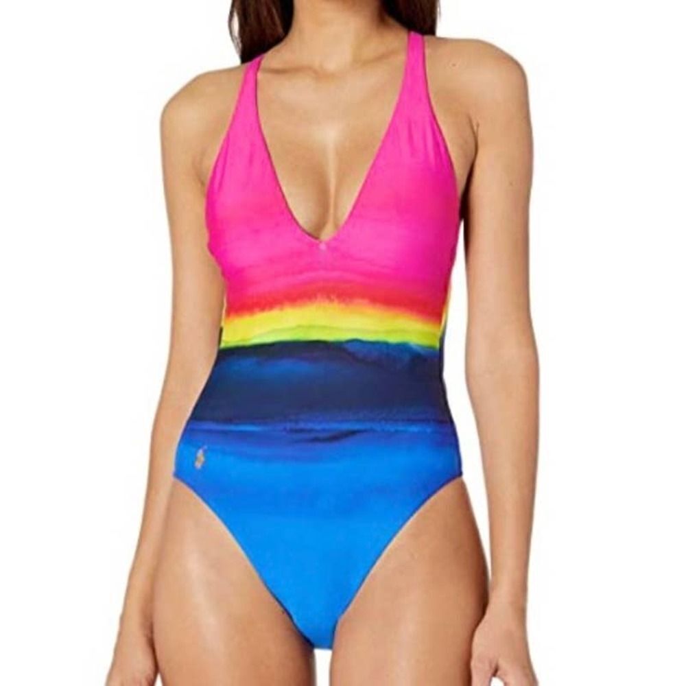 NEW POLO RALPH LAUREN Dip-Dye Plunge X-Back Mio One Piece Swimsuit Sz L